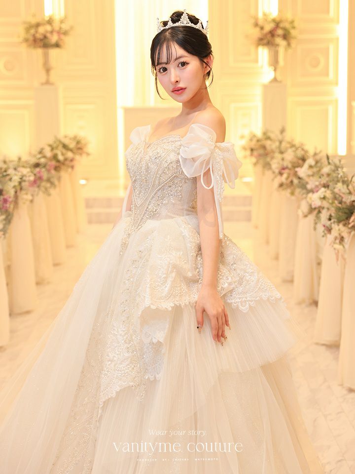 vanityME.couture. バニティミークチュール オフショル リボンショルダー ビジュー プリンセス 姫 ウエディングドレス ロングドレス ホワイト vctr-t-24105