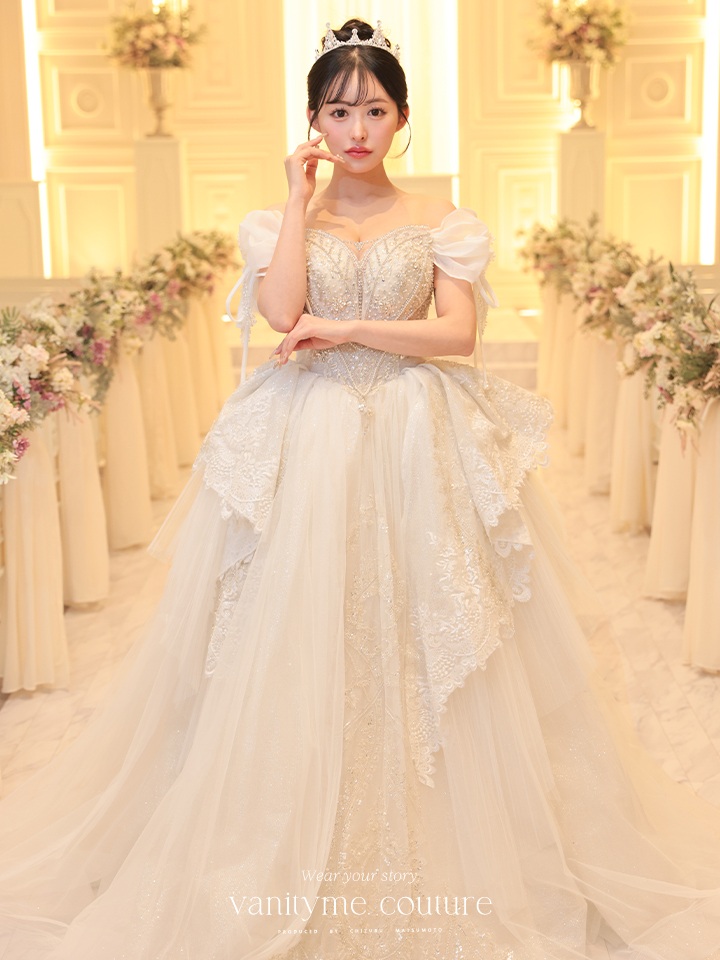 vanityME.couture. バニティミークチュール オフショル リボンショルダー ビジュー プリンセス 姫 ウエディングドレス ロングドレス ホワイト vctr-t-24105