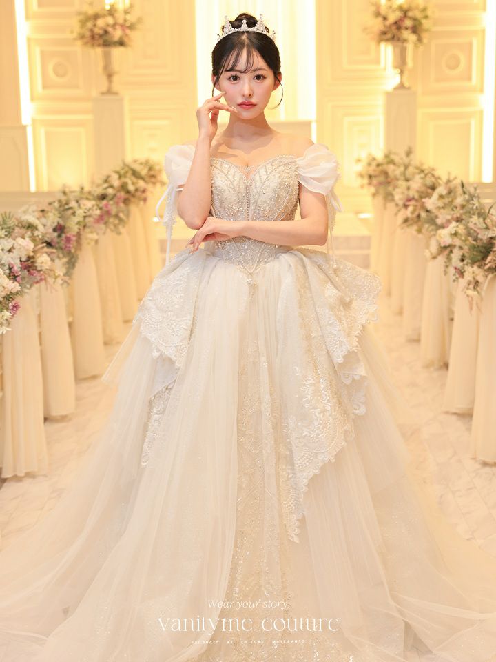 vanityME.couture. バニティミークチュール オフショル リボンショルダー ビジュー プリンセス 姫 ウエディングドレス ロングドレス ホワイト vctr-t-24105