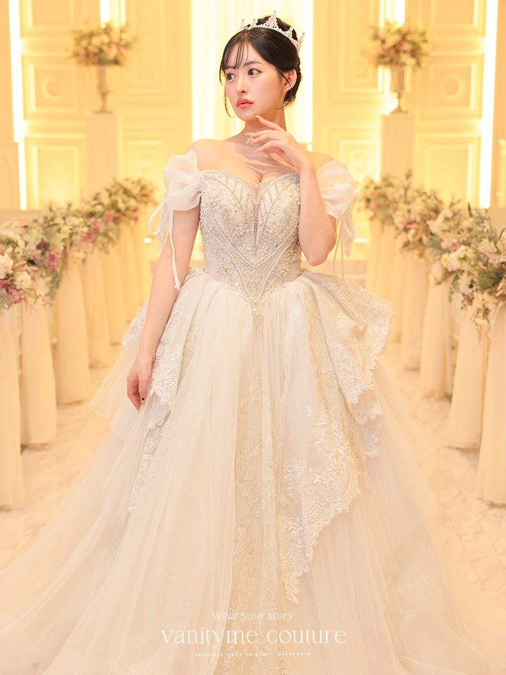 vanityME.couture. バニティミークチュール オフショル リボンショルダー ビジュー プリンセス 姫 ウエディングドレス ロングドレス ホワイト vctr-t-24105