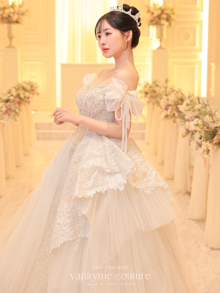 vanityME.couture. バニティミークチュール オフショル リボンショルダー ビジュー プリンセス 姫 ウエディングドレス ロングドレス ホワイト vctr-t-24105