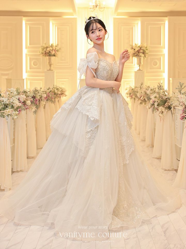 vanityME.couture. バニティミークチュール オフショル リボンショルダー ビジュー プリンセス 姫 ウエディングドレス ロングドレス ホワイト vctr-t-24105