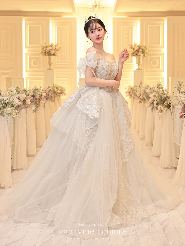 vanityME.couture. バニティミークチュール オフショル リボンショルダー ビジュー プリンセス 姫 ウエディングドレス ロングドレス ホワイト vctr-t-24105