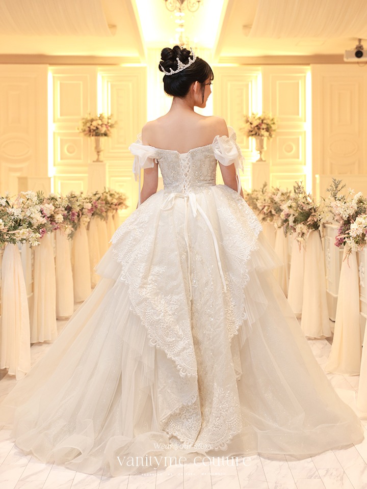 vanityME.couture. バニティミークチュール オフショル リボンショルダー ビジュー プリンセス 姫 ウエディングドレス ロングドレス ホワイト vctr-t-24105