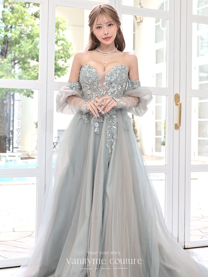 vanityME.couture. バニティミークチュール ロングスリーブ オフショル スパンコール刺繍 スリット入り プリンセス 姫 ロングドレス バースデードレス セージグリーン 【袖取り外し可能】 vctr-l-2432-2