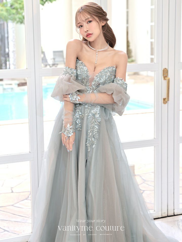 vanityME.couture. バニティミークチュール ロングスリーブ オフショル スパンコール刺繍 スリット入り プリンセス 姫 ロングドレス バースデードレス セージグリーン 【袖取り外し可能】 vctr-l-2432-2