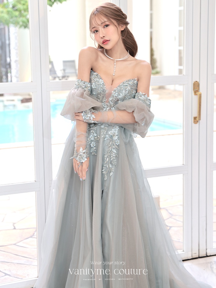 vanityME.couture. バニティミークチュール ロングスリーブ オフショル スパンコール刺繍 スリット入り プリンセス 姫 ロングドレス バースデードレス セージグリーン 【袖取り外し可能】 vctr-l-2432-2