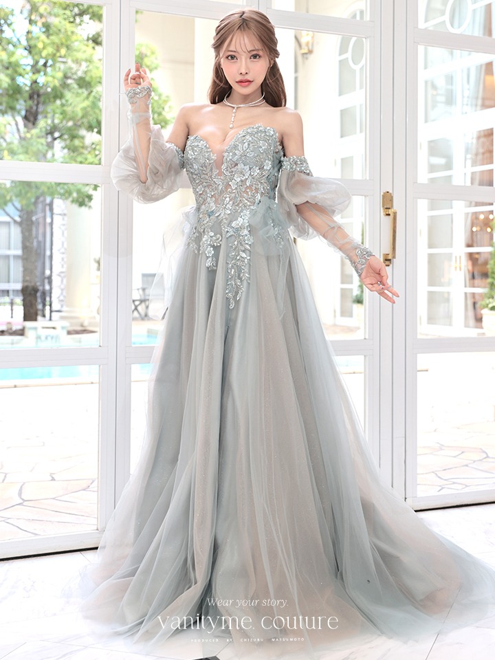 vanityME.couture. バニティミークチュール ロングスリーブ オフショル スパンコール刺繍 スリット入り プリンセス 姫 ロングドレス バースデードレス セージグリーン 【袖取り外し可能】 vctr-l-2432-2