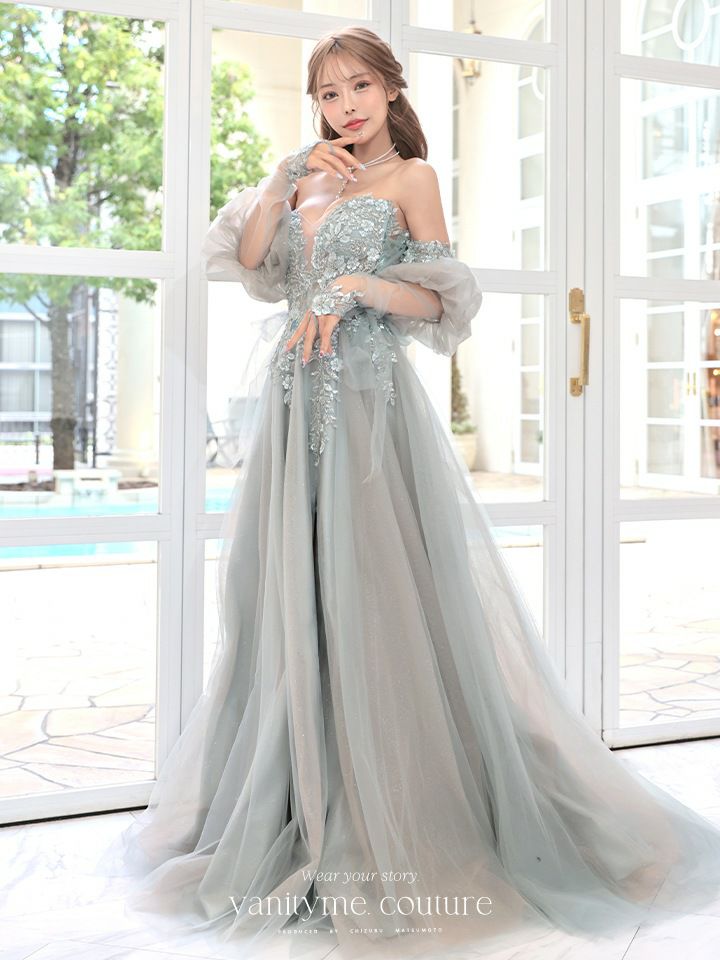 vanityME.couture. バニティミークチュール ロングスリーブ オフショル スパンコール刺繍 スリット入り プリンセス 姫 ロングドレス バースデードレス セージグリーン 【袖取り外し可能】 vctr-l-2432-2