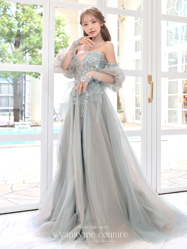 vanityME.couture. バニティミークチュール ロングスリーブ オフショル スパンコール刺繍 スリット入り プリンセス 姫 ロングドレス バースデードレス セージグリーン 【袖取り外し可能】 vctr-l-2432-2