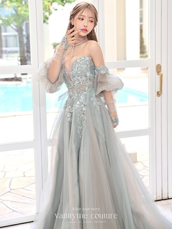 vanityME.couture. バニティミークチュール ロングスリーブ オフショル スパンコール刺繍 スリット入り プリンセス 姫 ロングドレス バースデードレス セージグリーン 【袖取り外し可能】 vctr-l-2432-2