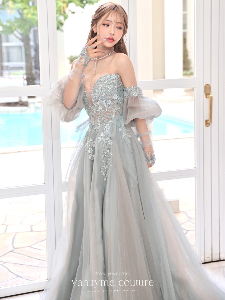 vanityME.couture. バニティミークチュール ロングスリーブ オフショル スパンコール刺繍 スリット入り プリンセス 姫 ロングドレス バースデードレス セージグリーン 【袖取り外し可能】 vctr-l-2432-2