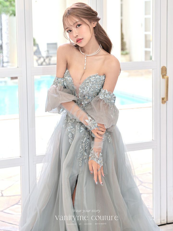 vanityME.couture. バニティミークチュール ロングスリーブ オフショル スパンコール刺繍 スリット入り プリンセス 姫 ロングドレス バースデードレス セージグリーン 【袖取り外し可能】 vctr-l-2432-2