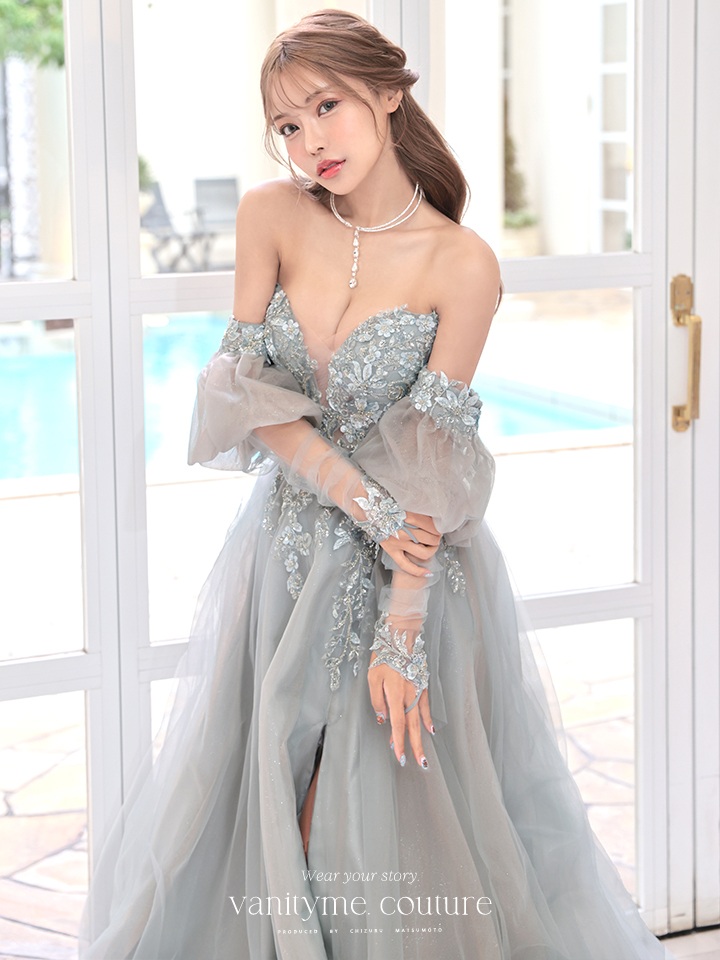 vanityME.couture. バニティミークチュール ロングスリーブ オフショル スパンコール刺繍 スリット入り プリンセス 姫 ロングドレス バースデードレス セージグリーン 【袖取り外し可能】 vctr-l-2432-2