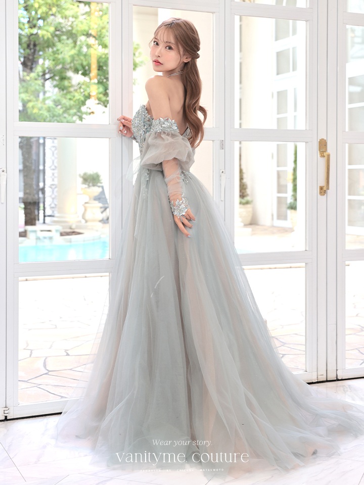 vanityME.couture. バニティミークチュール ロングスリーブ オフショル スパンコール刺繍 スリット入り プリンセス 姫 ロングドレス バースデードレス セージグリーン 【袖取り外し可能】 vctr-l-2432-2