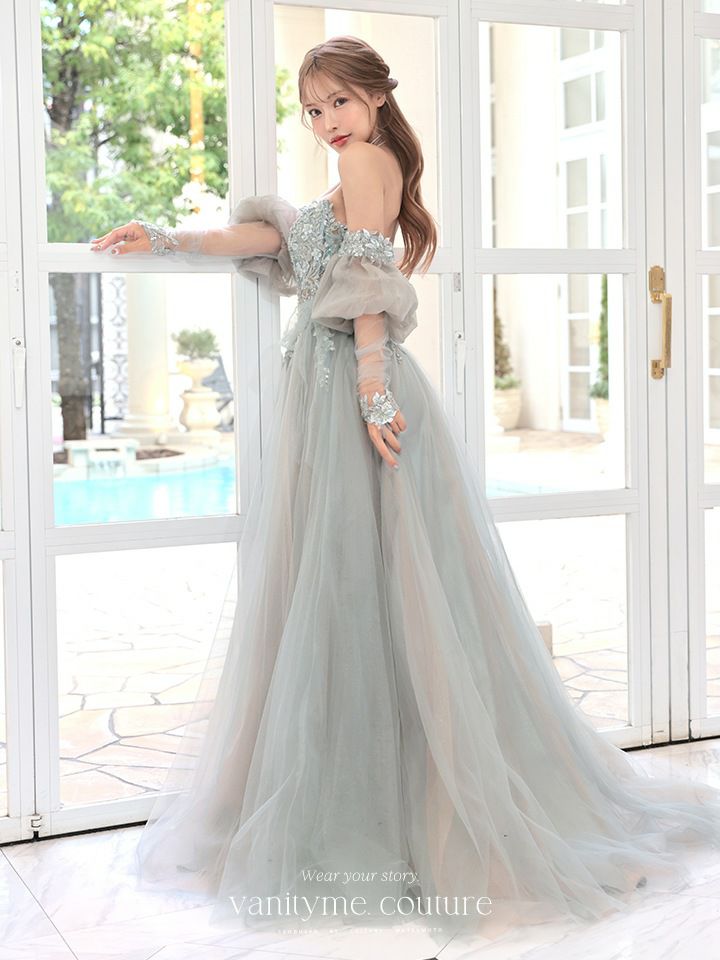 vanityME.couture. バニティミークチュール ロングスリーブ オフショル スパンコール刺繍 スリット入り プリンセス 姫 ロングドレス バースデードレス セージグリーン 【袖取り外し可能】 vctr-l-2432-2