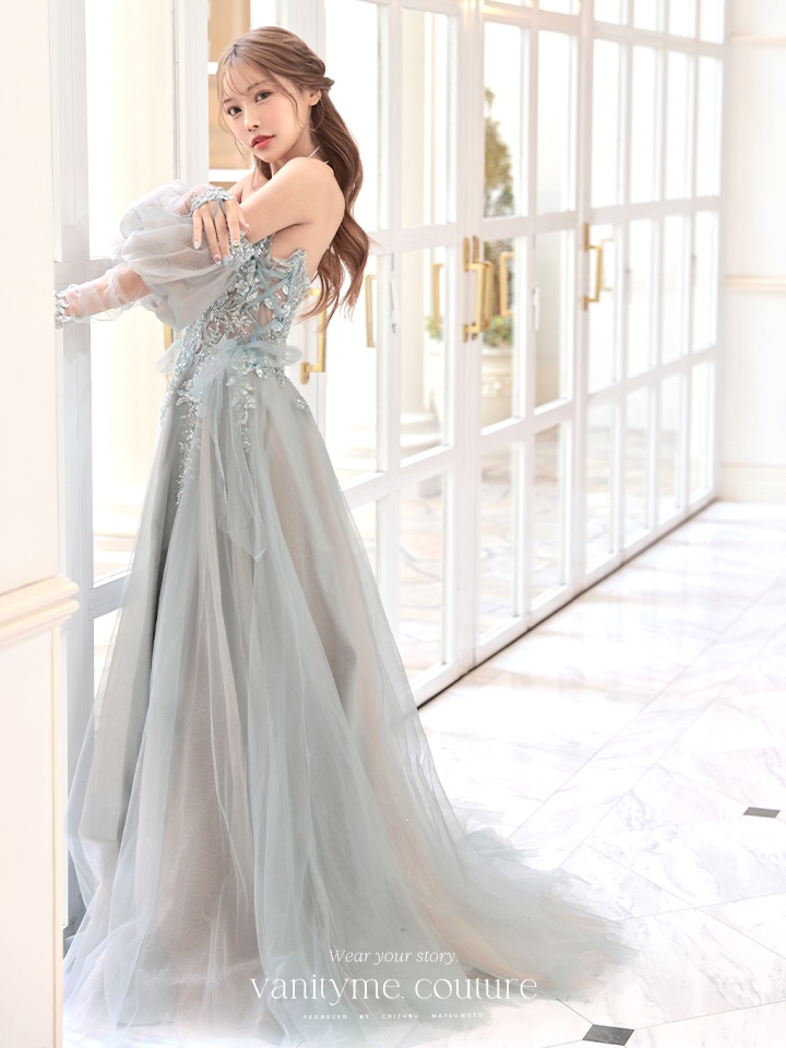 vanityME.couture. バニティミークチュール ロングスリーブ オフショル スパンコール刺繍 スリット入り プリンセス 姫 ロングドレス バースデードレス セージグリーン 【袖取り外し可能】 vctr-l-2432-2