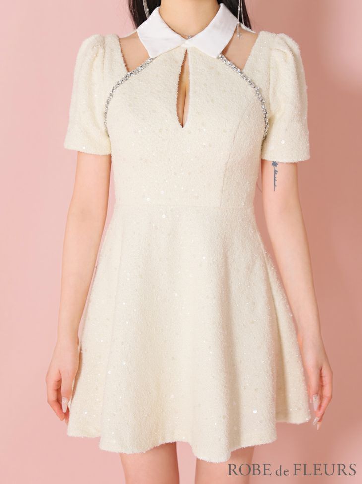 ROBE de FLEURS ローブドフルール ホワイト 襟つきカットデザインスパンコールフレアミニキャバドレス fm3354-2