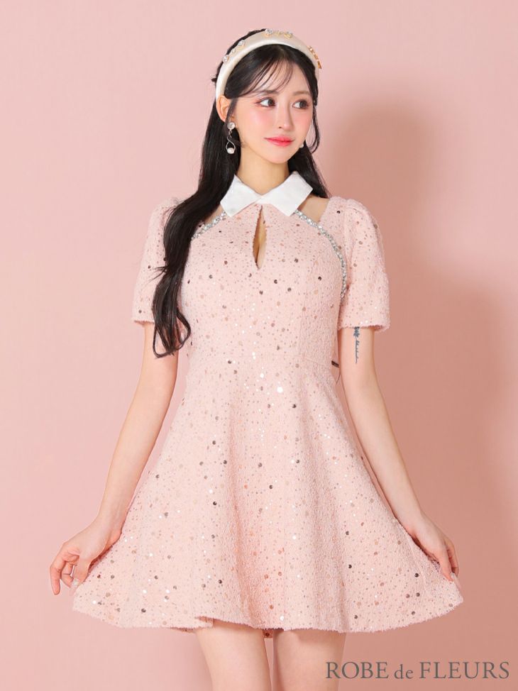 ROBE de FLEURS ローブドフルール ピンク 襟つきカットデザインスパンコールフレアミニキャバドレス fm3354-3