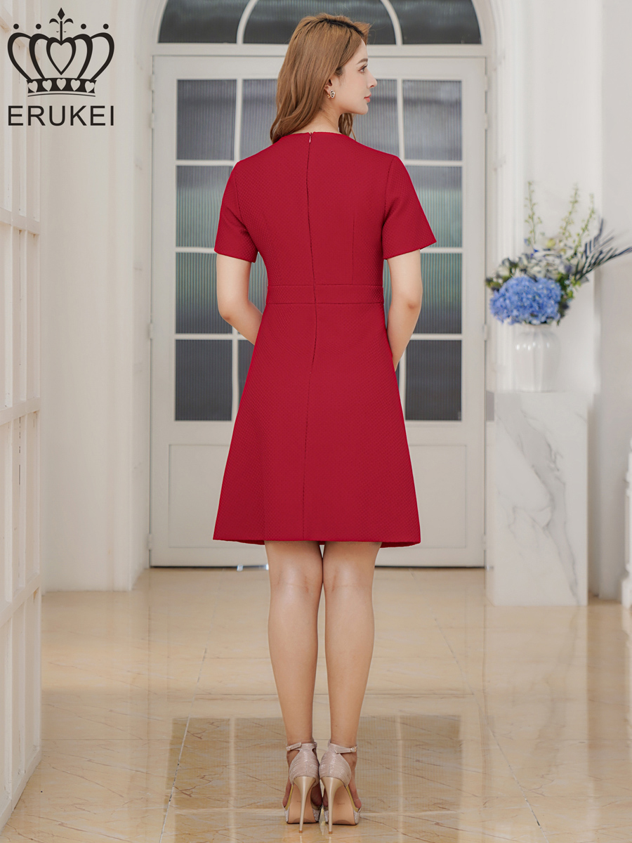 ERUKEI エルケイ ワインレッド 半袖・Aライン・お花ボタン・ミニドレス・ワンピース ek-e2618-4