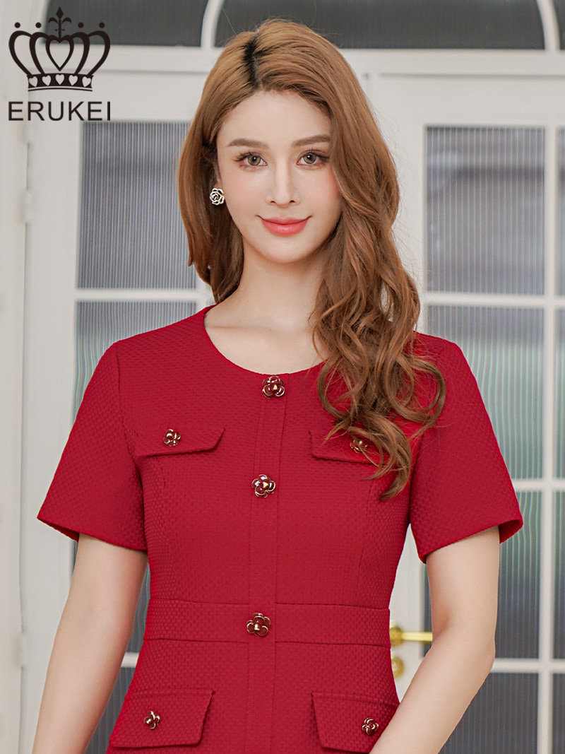 ERUKEI エルケイ ワインレッド 半袖・Aライン・お花ボタン・ミニドレス・ワンピース ek-e2618-4
