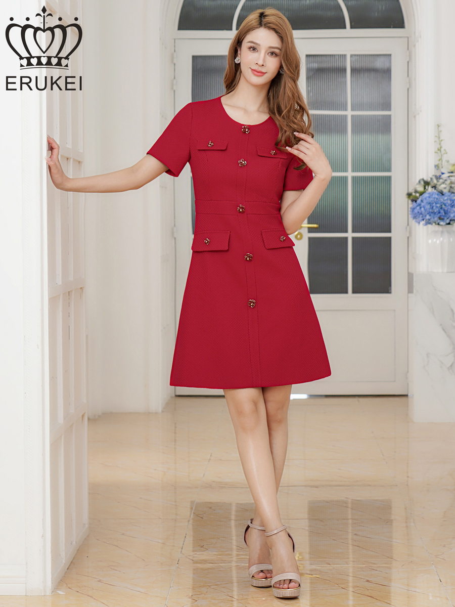 ERUKEI エルケイ ワインレッド 半袖・Aライン・お花ボタン・ミニドレス・ワンピース ek-e2618-4