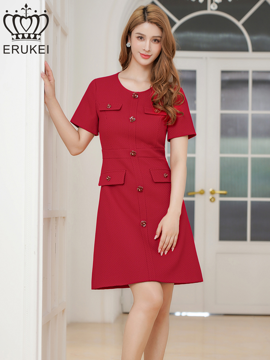 ERUKEI エルケイ ワインレッド 半袖・Aライン・お花ボタン・ミニドレス・ワンピース ek-e2618-4