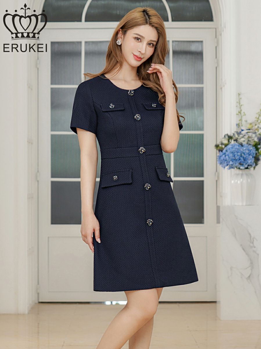 ERUKEI エルケイ ネイビー 半袖・Aライン・お花ボタン・ミニドレス・ワンピース ek-e2618-5