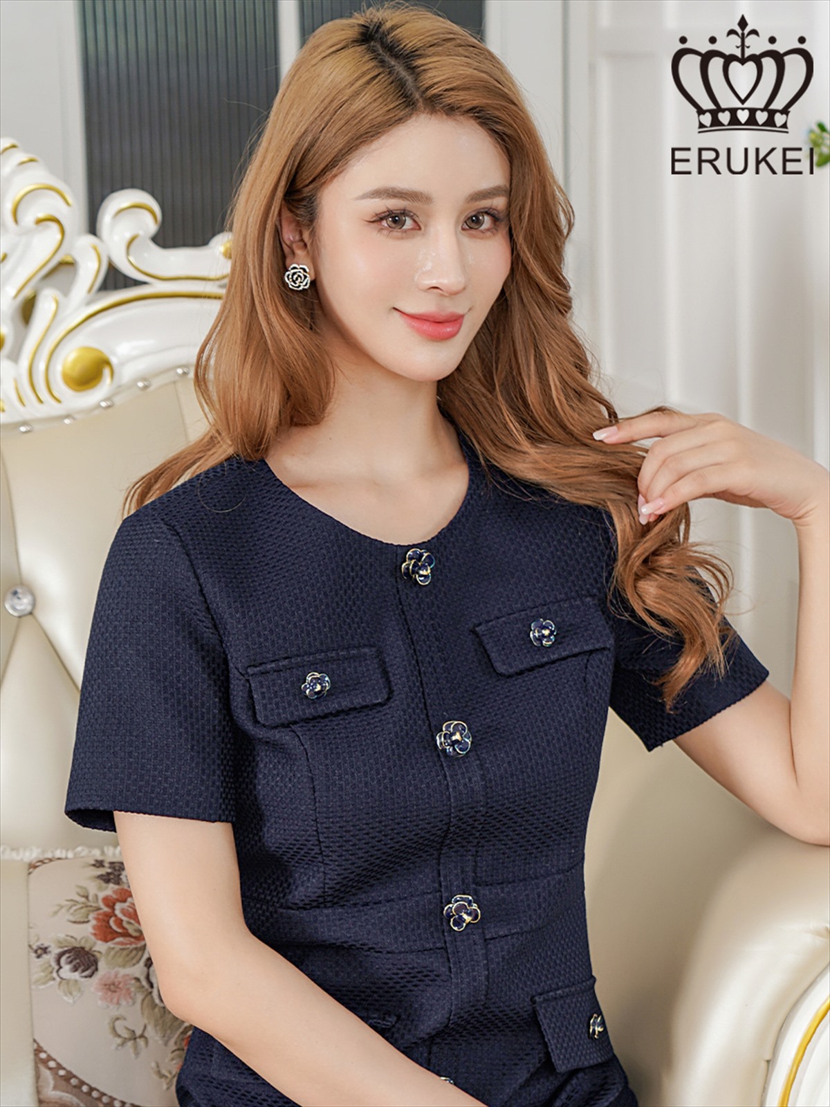 ERUKEI エルケイ ネイビー 半袖・Aライン・お花ボタン・ミニドレス・ワンピース ek-e2618-5