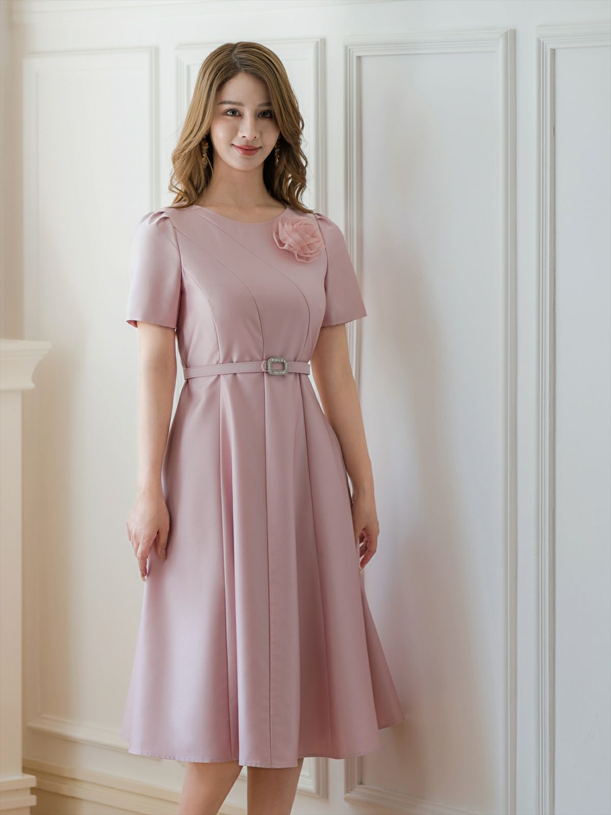 ERUKEI エルケイ ピンク 半袖・シンプル・Ａライン・花・ワンピース ek-c2741-1