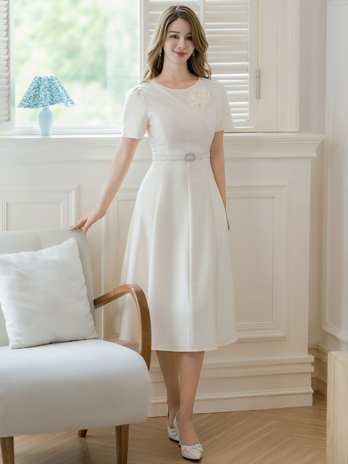 ERUKEI エルケイ ホワイト 半袖・シンプル・Ａライン・花・ワンピース ek-c2741-3