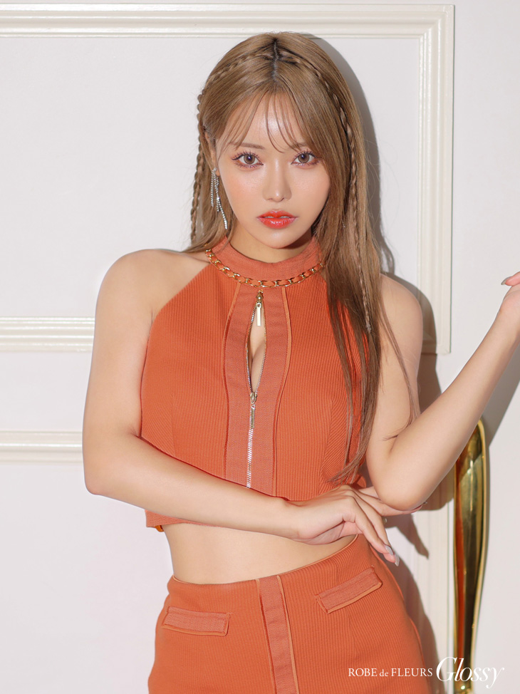 Glossy ローブドフルールグロッシー フロントジッパーxリブニットセットアップドレス gl3153-7