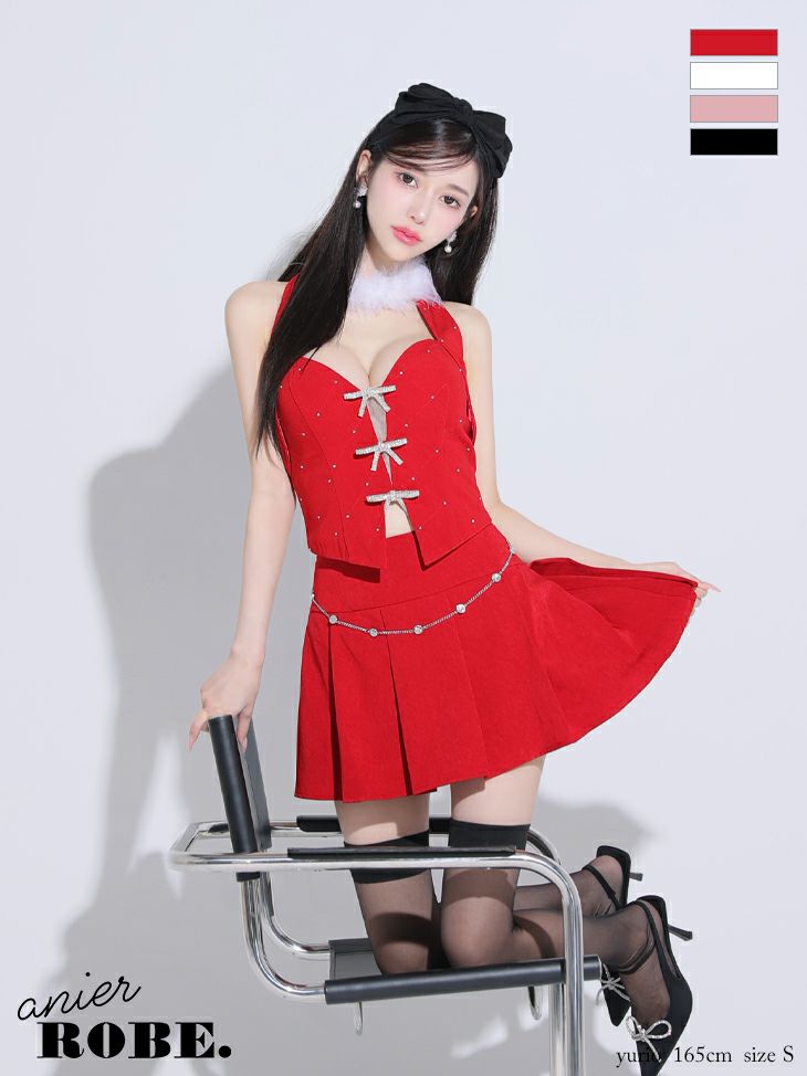 ROBE de FLEURS anier.ROBE ローブドフルール アニエルローブ Ribbon suede flared setup mini Santa dress リボンスエードセットアップフレアミニドレス【ファーチョーカー取り外し可能】 fm-anier4046-c