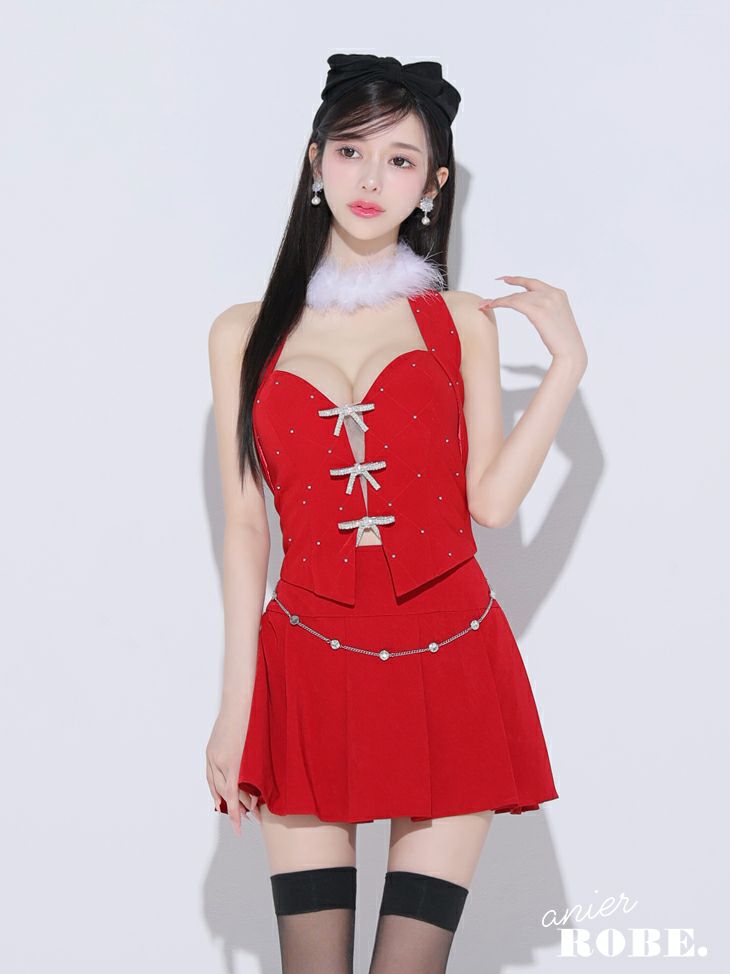 ROBE de FLEURS anier.ROBE ローブドフルール アニエルローブ Ribbon suede flared setup mini Santa dress リボンスエードセットアップフレアミニドレス【ファーチョーカー取り外し可能】 fm-anier4046-c