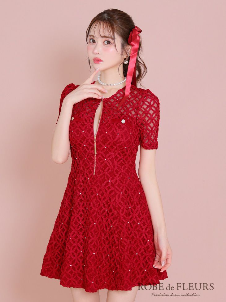 ROBE de FLEURS ローブドフルール ワインレッド シースルーレースビジューバストジップミニキャバドレス fm3727-3