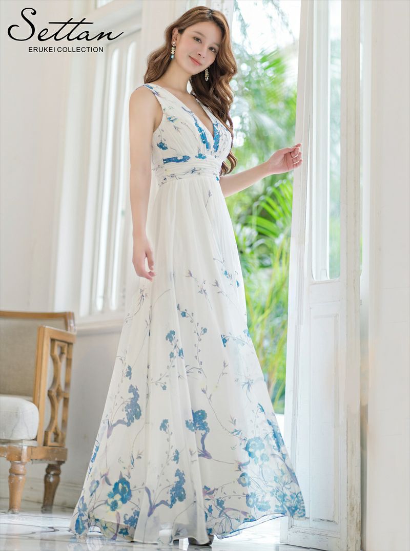 ERUKEI エルケイ ブルー シフォン・花柄・フラワープリント・Aライン  