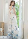 ERUKEI エルケイ ブルー シフォン・花柄・フラワープリント・Aライン・Vネック・ノースリーブ・ロングドレス ek-s35901-3