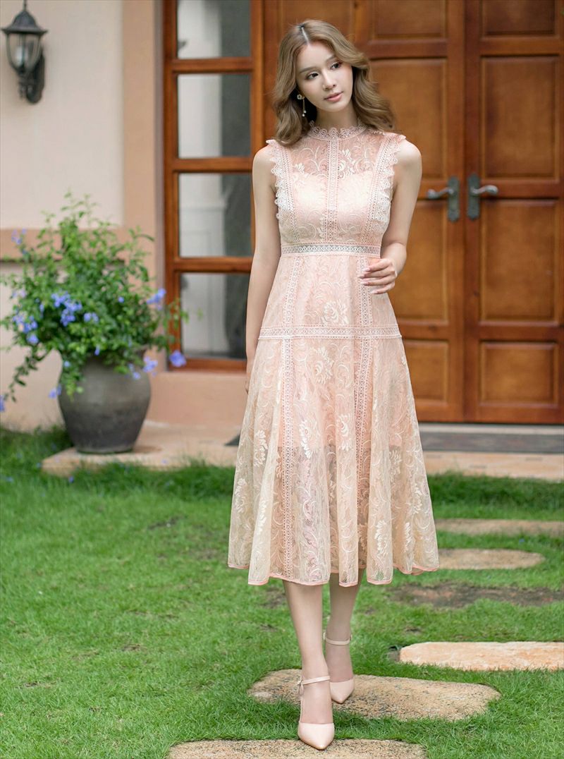 ERUKEI エルケイ ベージュ 総レース・プチハイネック・ノースリーブ・Aライン・ミニドレス・ワンピース ek-e2603-2