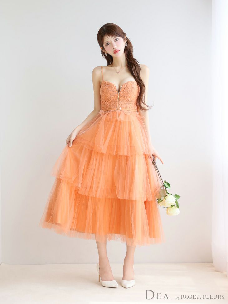 DEA. ディア バイ ローブドフルール レースティアードチュールフレアロングキャバドレス de3445-c