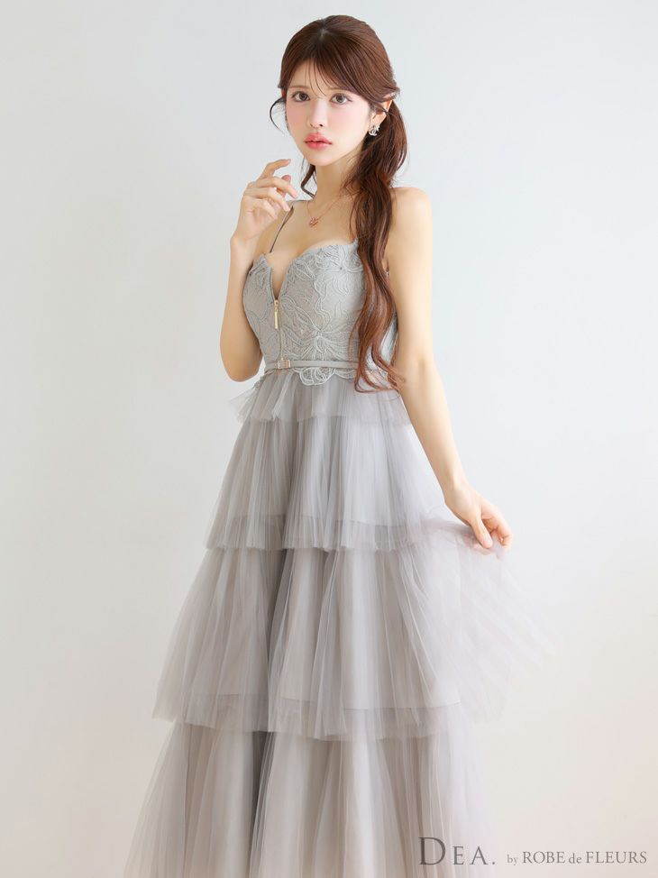 DEA. ディア バイ ローブドフルール レースティアードチュールフレアロングキャバドレス de3445-c