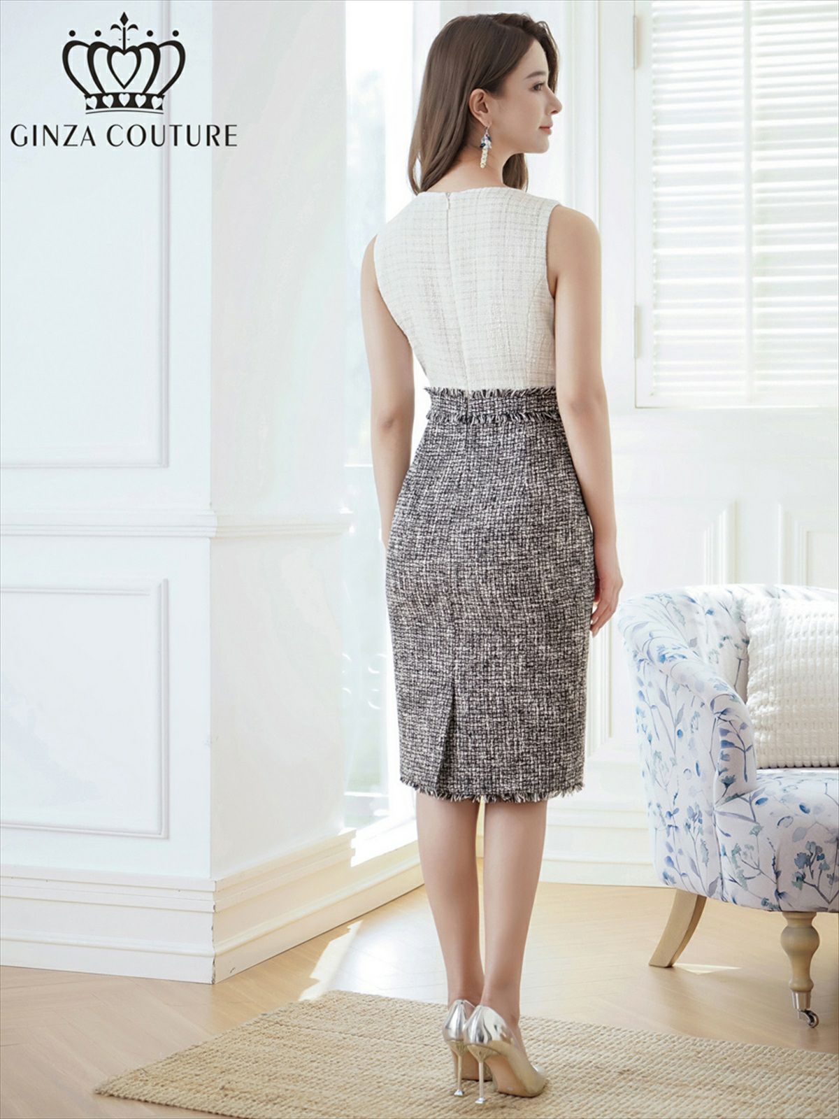 ERUKEI エルケイ ホワイト×ブラック ツイード・タイト・ノースリーブ・ミニドレス・ワンピース ek-c2800-1