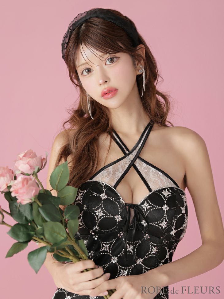 ROBE de FLEURS ローブドフルール サテンチュールリボンクロスネックタイトミニキャバドレス fm3279-c