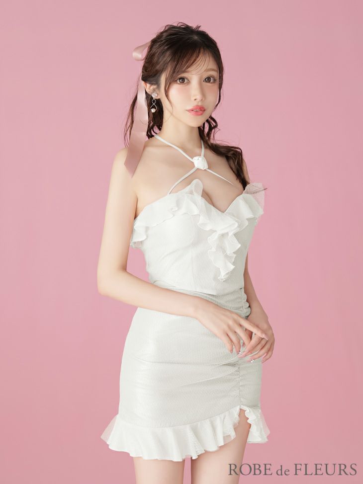 ROBE de FLEURS ローブドフルール ローズクロスネックサテンフリルミニキャバドレス fm3756-c