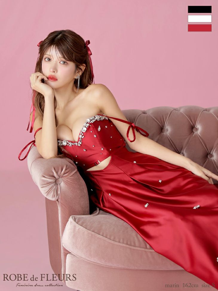 サテンビジューフレアロングキャバドレス M ブラック ローブドフルール