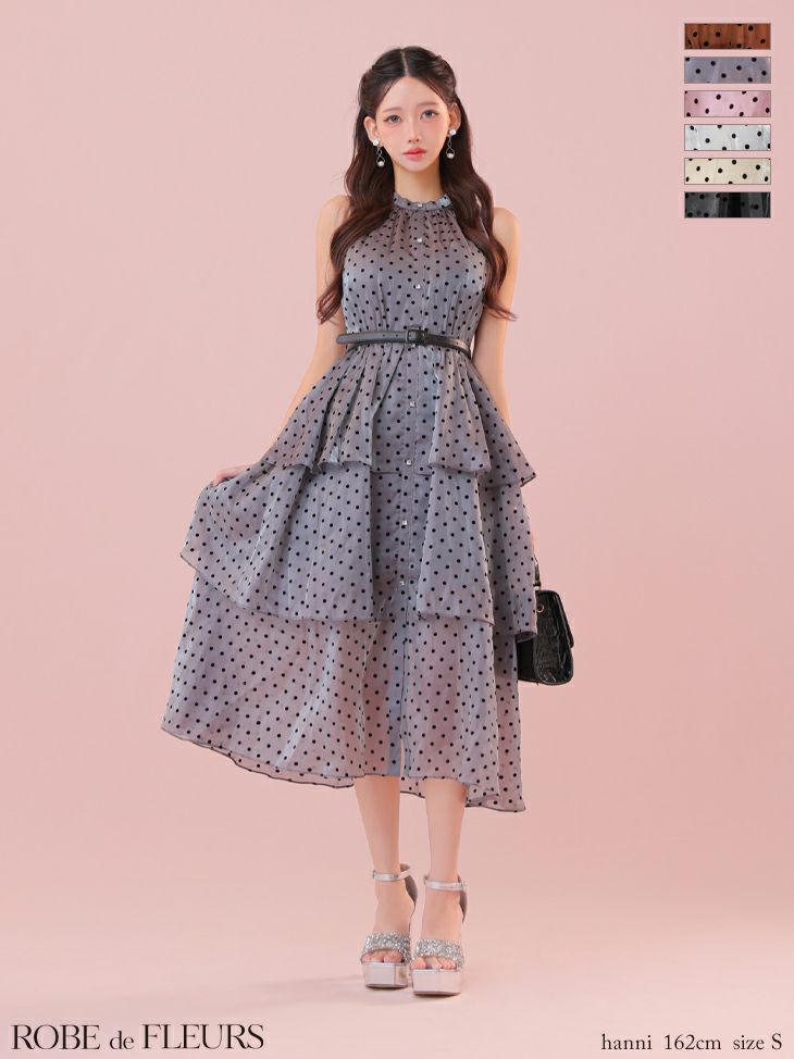 ROBE de FLEURS ローブドフルール ベルト付きドットオーガンジーティアードロングキャバドレス fm3281-c