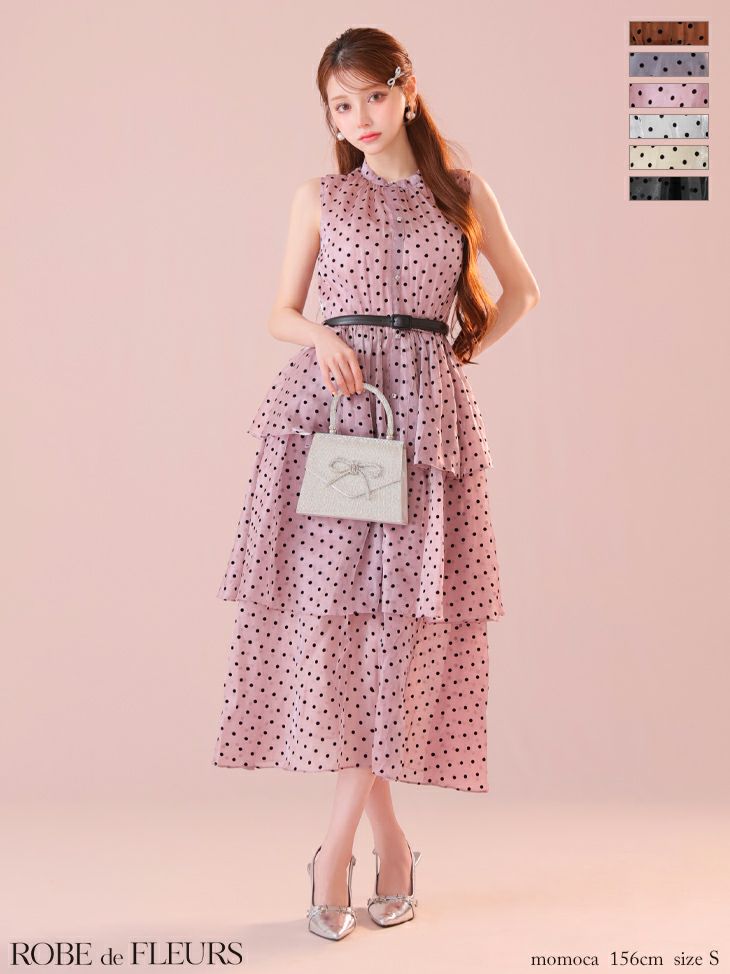 ROBE de FLEURS ローブドフルール ベルト付きドットオーガンジーティアードロングキャバドレス fm3281-c