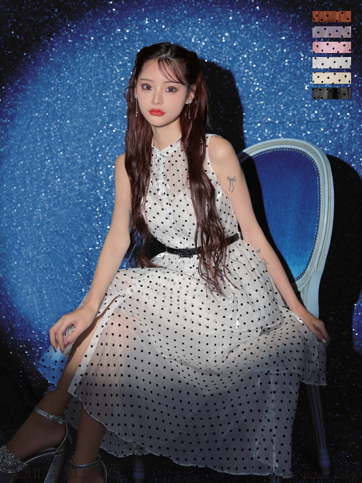 ROBE de FLEURS ローブドフルール ベルト付きドットオーガンジーティアードロングキャバドレス fm3281-c