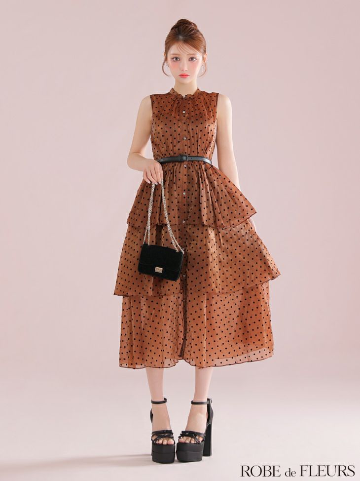 ROBE de FLEURS ローブドフルール ベルト付きドットオーガンジーティアードロングキャバドレス fm3281-c