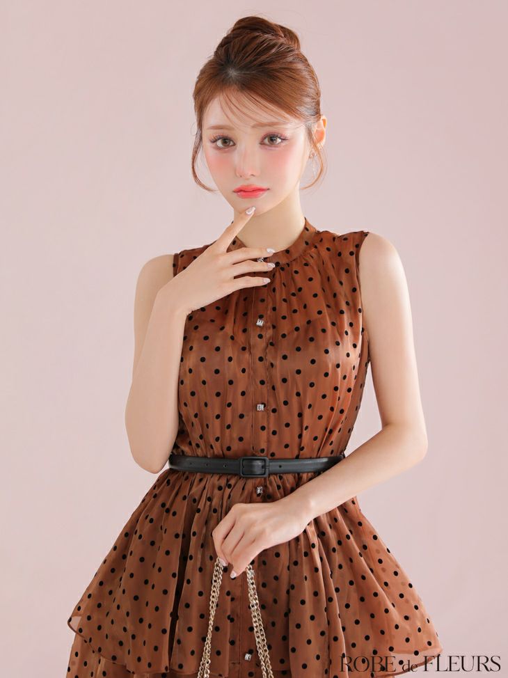 ROBE de FLEURS ローブドフルール ベルト付きドットオーガンジーティアードロングキャバドレス fm3281-c