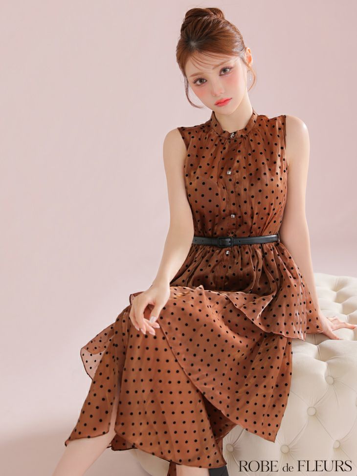 ROBE de FLEURS ローブドフルール ベルト付きドットオーガンジーティアードロングキャバドレス fm3281-c